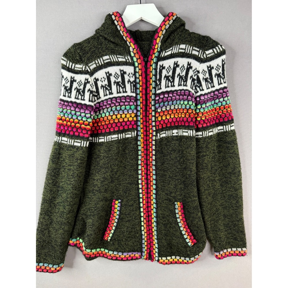 Peruvian Alpaca Blend Llama Knit Hoodie Sweater Womens S M Green Zip Up FLAW